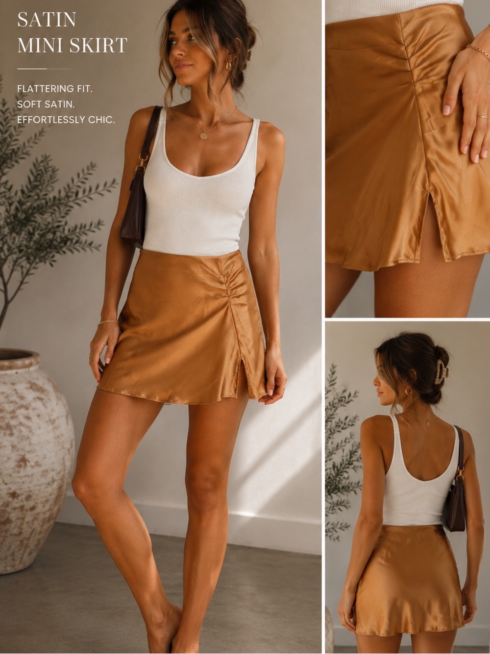 Free People Satin Mini Skirt – Bronze Gold Slip Skirt – Size 8